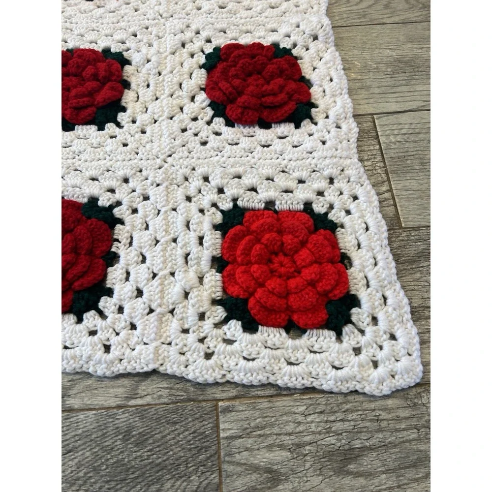 Granny Square‎ Afghan Quilt Blanket 3D Rose Handmade Floral Vintage Cottage core